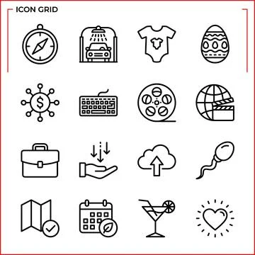 Collection of 16 Diverse Icons Representing Business, Travel, and Lifestyle.. Stock Illustration