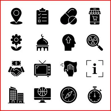 Collection of 16 Diverse Solid Black Icons for Various Themes. Stock Illustration