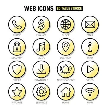 Collection of 16 editable stroke web icons in a grid layout, featuring phon.. Stock Illustration