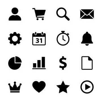 Collection of 16 essential black flat icons for user interface design, incl.. Illustrazione stock