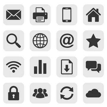 Collection of 16 flat black technology and communication icons on light gra.. Stock Illustration