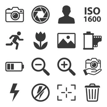 Collection of 16 flat design camera and photography icons including camera,.. Stock Illustration