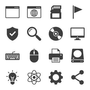 Collection of 16 flat gray technology and computer icons including browser .. Stock Illustration