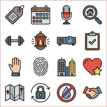 Collection of 16 Flat Icons Representing Various Concepts and Objects. イラスト素材