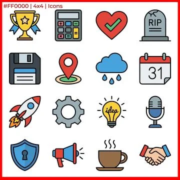 Collection of 16 Flat Icons Representing Various Concepts and Objects. Ilustração Stock