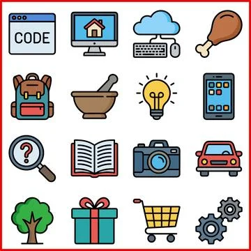 Collection of 16 Flat Icons Representing Various Concepts and Objects. Illustrazione stock