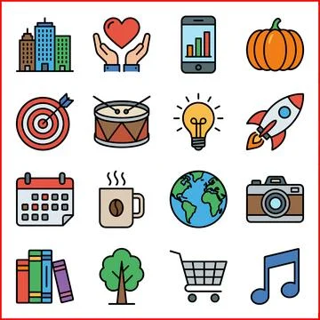 Collection of 16 Flat Icons Representing Business, Lifestyle, and Technolog.. Ilustração Stock