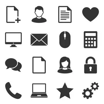 Collection of 16 flat vector icons representing digital communication, user.. Stock Illustration
