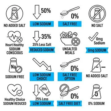 Collection of 16 icons representing low sodium, salt free, and no added sal.. Stock Illustration
