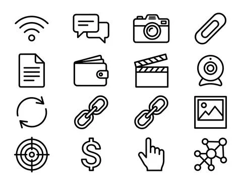 Collection of 16 simple black outline icons representing digital technology.. Ilustración de archivo