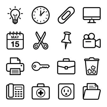 Collection of 16 simple black outline icons representing office supplies, t.. Stock Illustration