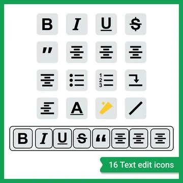Collection of 16 simple flat text editing icons including bold, italic, und.. Illustrazione stock