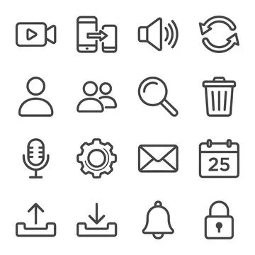 Collection of 16 simple line art icons representing video, data transfer, v.. Stock Illustration