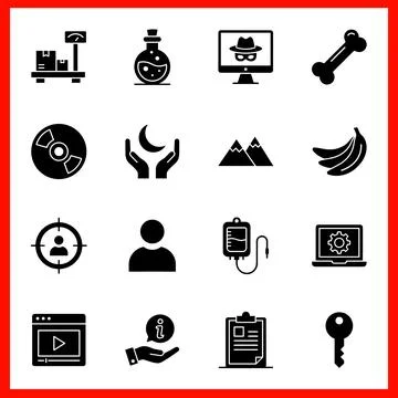Collection of 16 Solid Black Icons for Various Themes. Stock Illustration