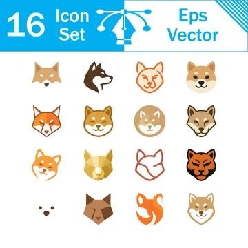 Collection of 16 vector fox face icons in orange and brown tones with colle.. Stock Illustration