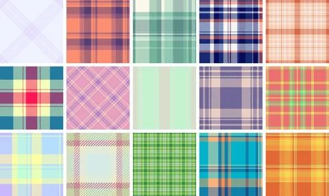 Collection of 16 vibrant plaid patterns. Perfect for textile design, fashion, Stock Illustration