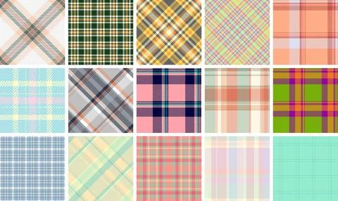 Collection of 16 vibrant plaid patterns. Diverse color palettes  styles, perf Stock Illustration