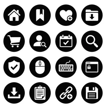 Collection of 16 white simple vector icons on black circles, representing c.. Stock Illustration