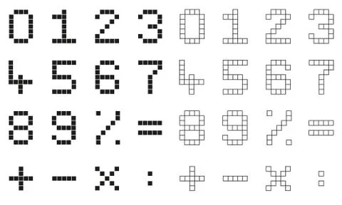 Collection 2 isolated pixel numbers and mathematical signs Stock Illustration