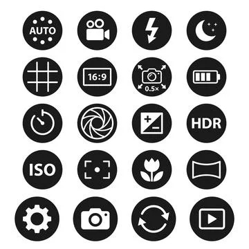 Collection of 20 black circular camera setting icons including Auto, Video,.. Stock-Illustration