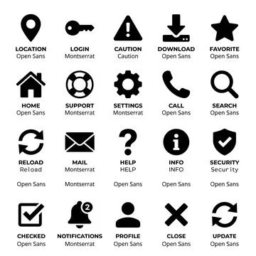 Collection of 20 black vector icons for web and app design, including locat.. Illustrazione stock