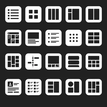 Collection of 20 white UI layout icons and interface design elements on a d.. Stock Illustration