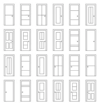 Collection of 24 Different Door Designs in Minimalist Line Art Style Stock Illustration