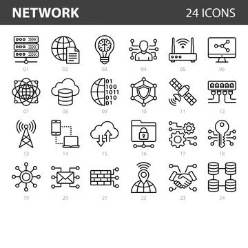 Collection of 24 network and technology icons including server rack, globe .. Stock Illustration
