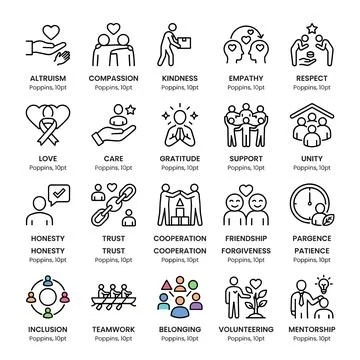 Collection of 24 positive human values and social concepts icons: altruism,.. Stock Illustration