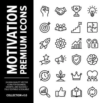 Collection of 24 premium vector line icons for motivation, business, growth.. Illustrazione stock