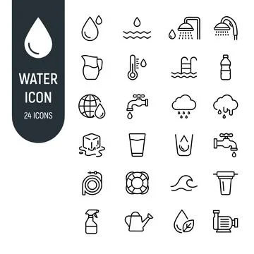 Collection of 24 water icons in thin line art style, featuring drops, showe.. Stock Illustration