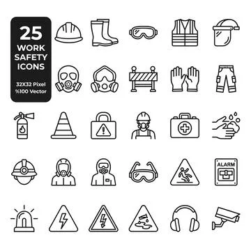 Collection of 25 black and white line art work safety icons including hard .. Stock Illustration