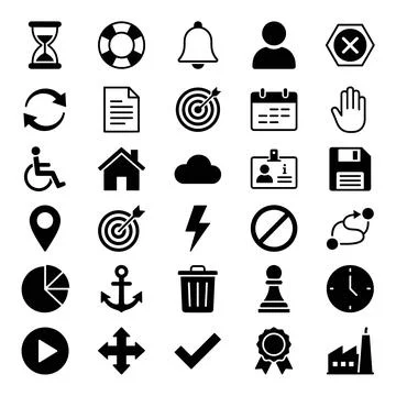 Collection of 25 black flat icons representing various concepts like time, .. Stock Illustration