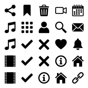 Collection of 25 black simple flat icons for web and mobile applications, i.. Stock Illustration
