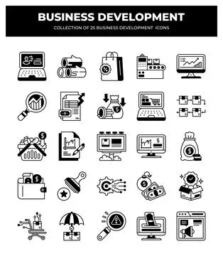 Collection of 25 Business Development Icons. Marketing. Finance. and Growth Stock Illustration