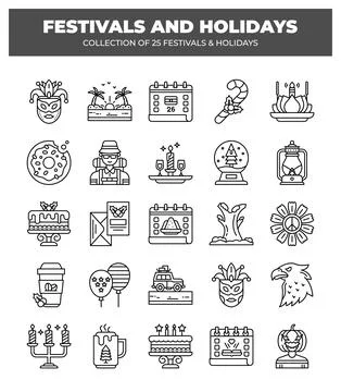 Collection of 25 Festivals and Holidays. Line Icons Set Stock Illustration