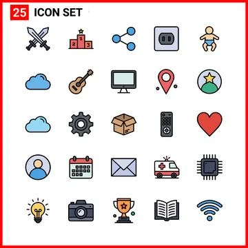 Collection of 25 Flat Icons Representing Various Concepts and Objects. Stock Illustration