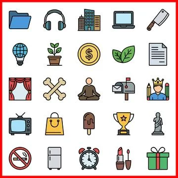 Collection of 25 Flat Icons Representing Various Concepts and Objects. Иллюстрация