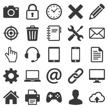 Collection of 25 flat vector icons representing technology, communication, .. Stock Illustration