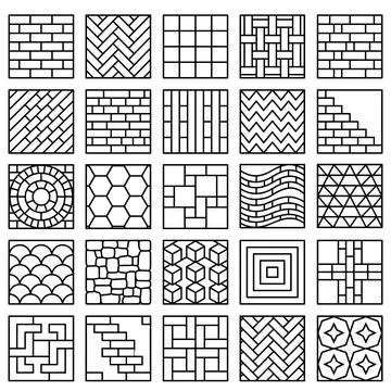 Collection of 25 geometric patterns and textures in black and white line ar.. Stock Illustration