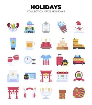 Collection of 25 Holidays. A vibrant set of holiday themed icons Stock Illustration