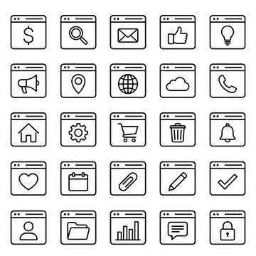Collection of 25 outline web browser window icons representing various digi.. Stock Illustration