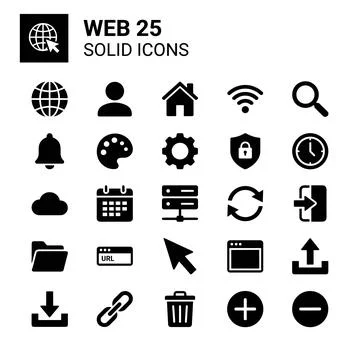 Collection of 25 solid black web icons including globe, user, house, wifi, .. Ilustração Stock