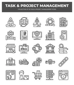 Collection of 25 task and project management icons in a modern. minimalist .. Illustrazione stock