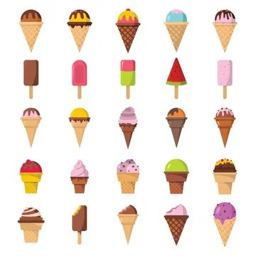 Collection of 25 vector ice cream illustrations isolated on white Stock Illustration