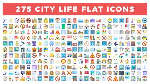 Collection of 275 flat icons representing city life and buildings Ilustración de archivo