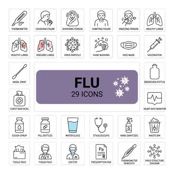 Collection of 29 flu and illness icons including thermometer, coughing, shi.. Stock Illustration