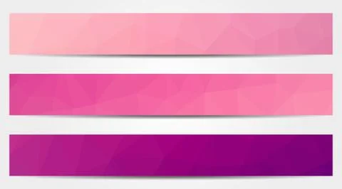 Collection of 3 isolated low polygonal purple and pink full banners Stock Illustration