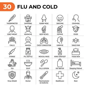 Collection of 30 flu and cold symptom icons with labels, including thermome.. Stock Illustration