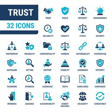 Collection of 32 blue and dark blue business concept icons representing tru.. Stock Illustration